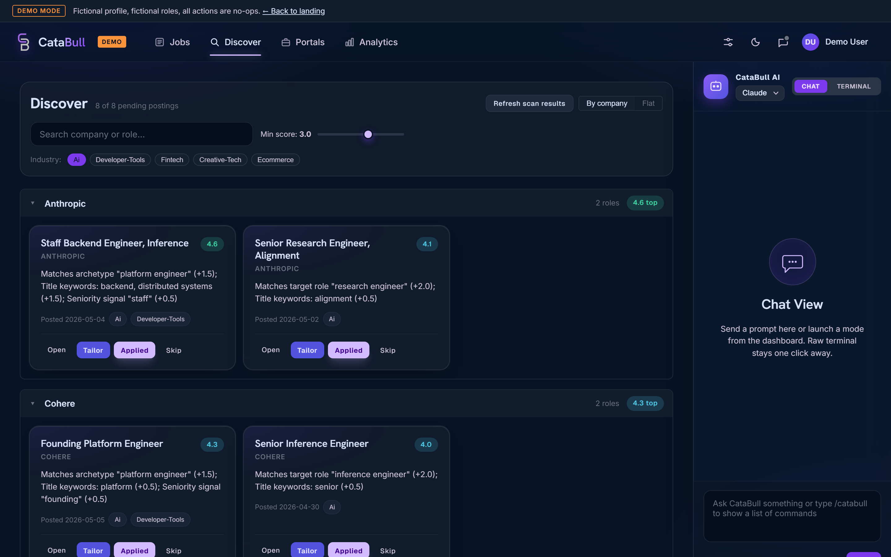CataBull Discover dashboard with the AI chat rail open on the right